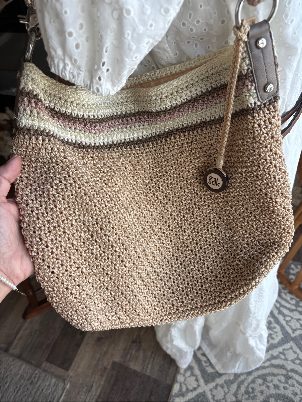 The Sak Beige Crochet Shoulder Bag with Cream and Brown Stripes